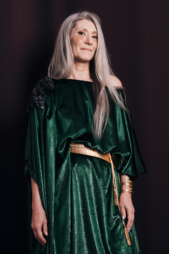 Valeria Sechi, Italian grey hair model, wearing Marta Jane Alesiani