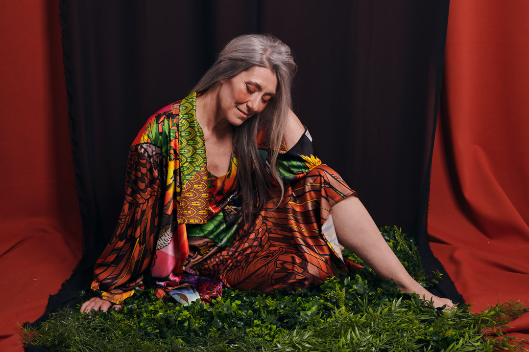 Valeria Sechi, Italian grey hair model, wearing Marta Jane Alesiani