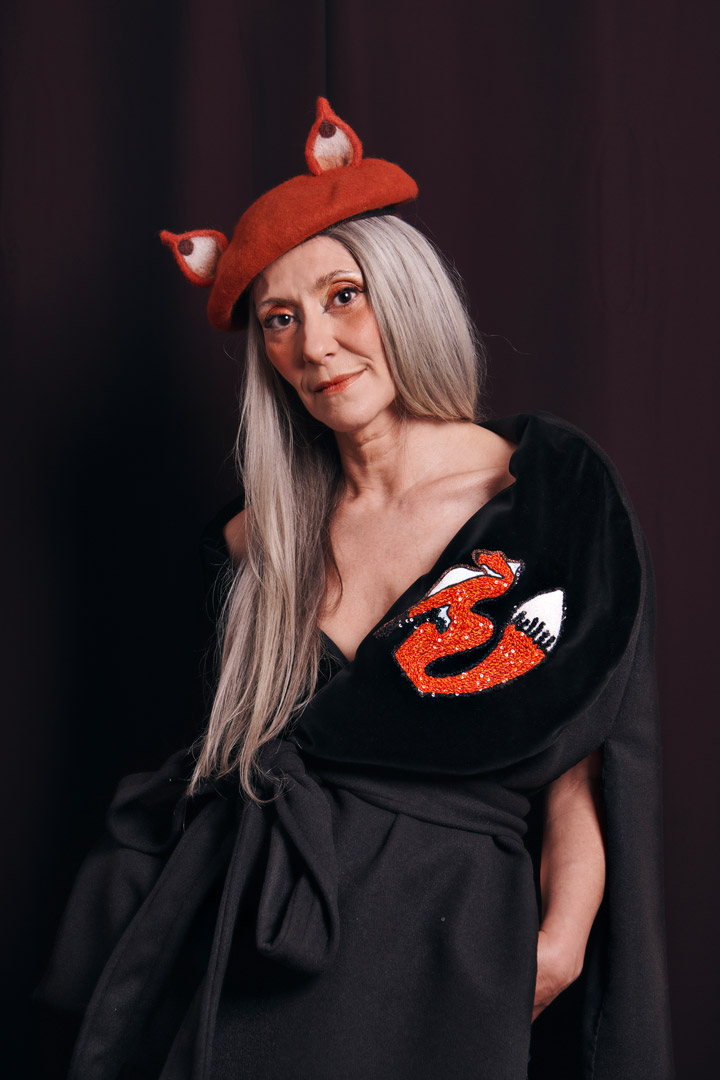 Valeria Sechi, Italian grey hair model, wearing Marta Jane Alesiani
