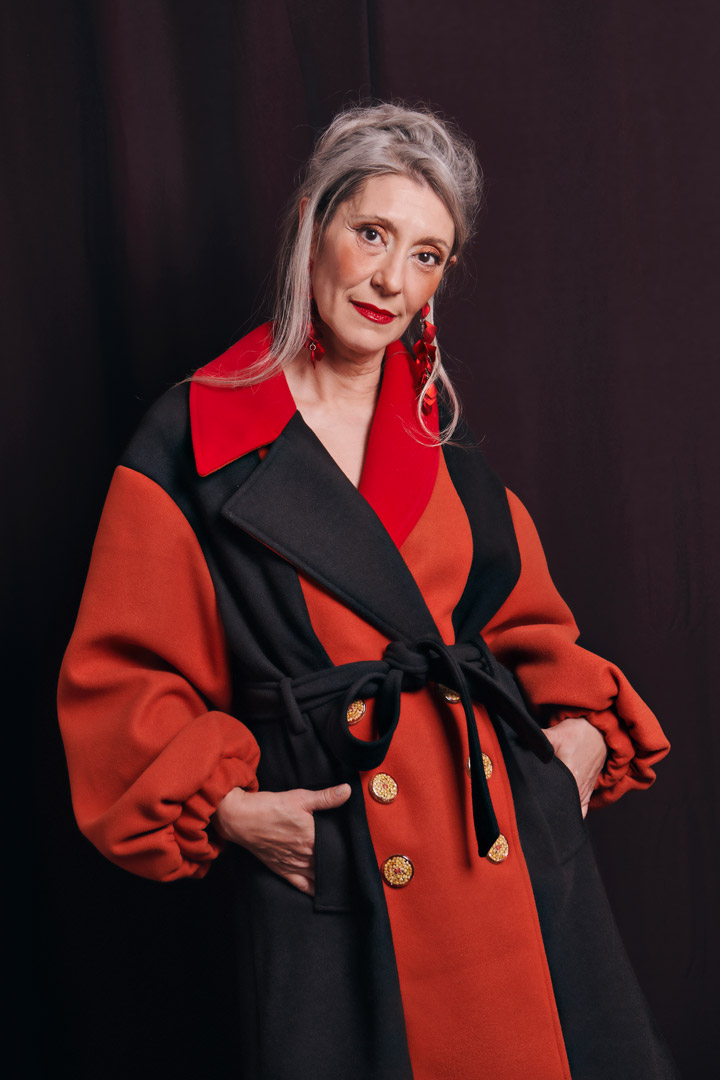 Valeria Sechi, Italian grey hair model, wearing Marta Jane Alesiani