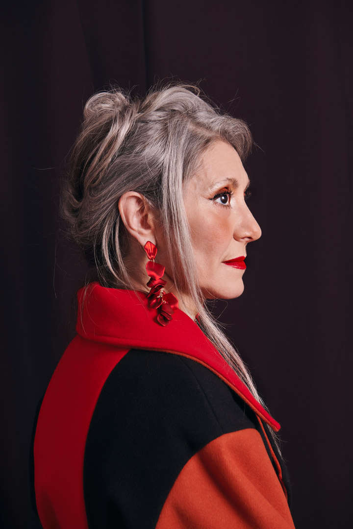 Valeria Sechi, Italian grey hair model, wearing Marta Jane Alesiani
