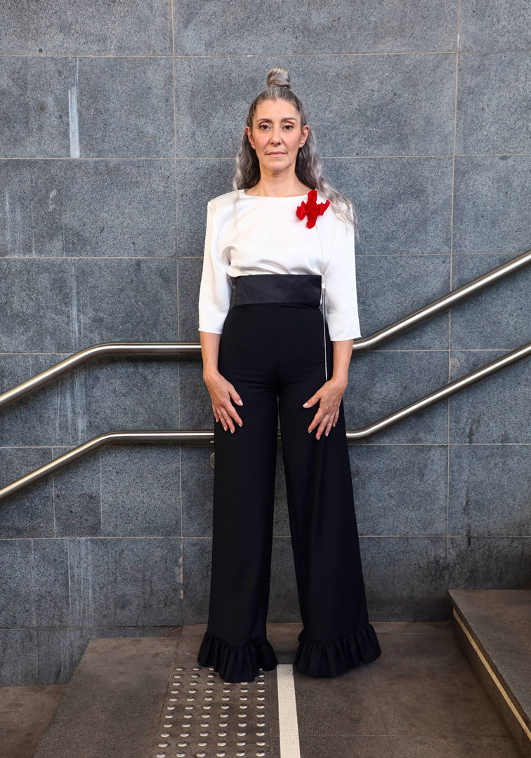 Valeria Sechi, Italian grey hair model, wearing Luve Atelier clothing