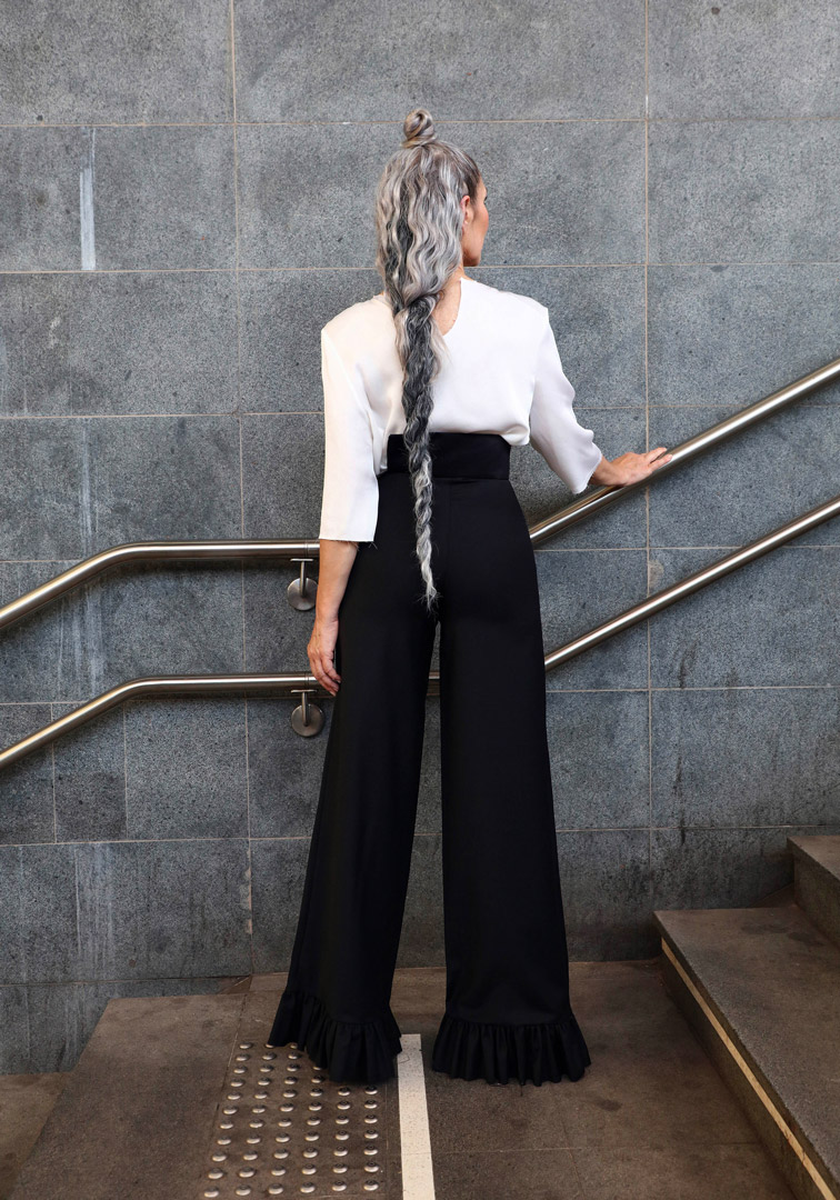 Valeria Sechi, Italian grey hair model, wearing Luve Atelier clothing