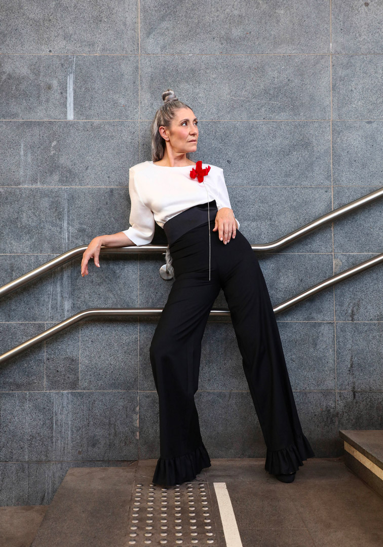 Valeria Sechi, Italian grey hair model, wearing Luve Atelier clothing
