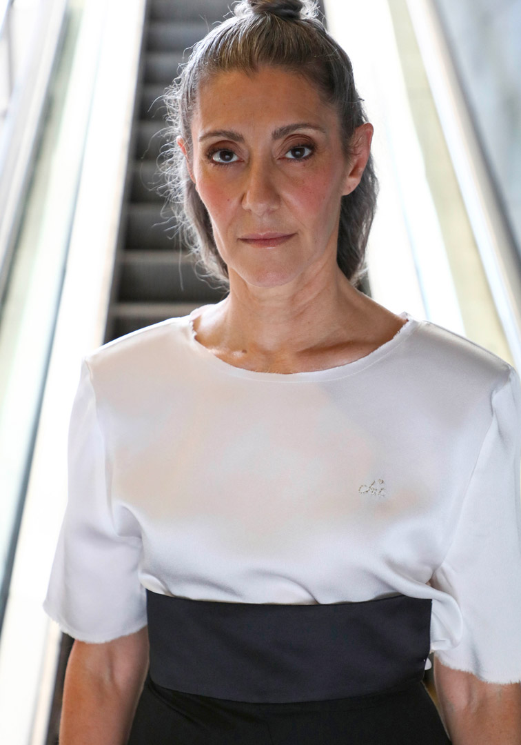 Valeria Sechi, Italian grey hair model, wearing Luve Atelier clothing