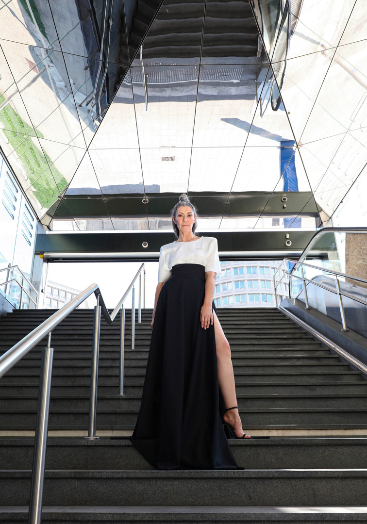 Valeria Sechi, Italian grey hair model, wearing Luve Atelier clothing