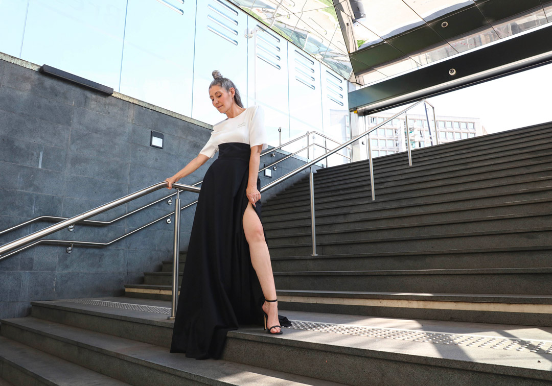 Valeria Sechi, Italian grey hair model, wearing Luve Atelier clothing