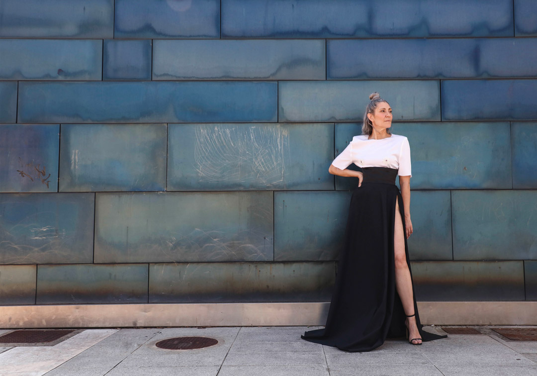 Valeria Sechi, Italian grey hair model, wearing Luve Atelier clothing