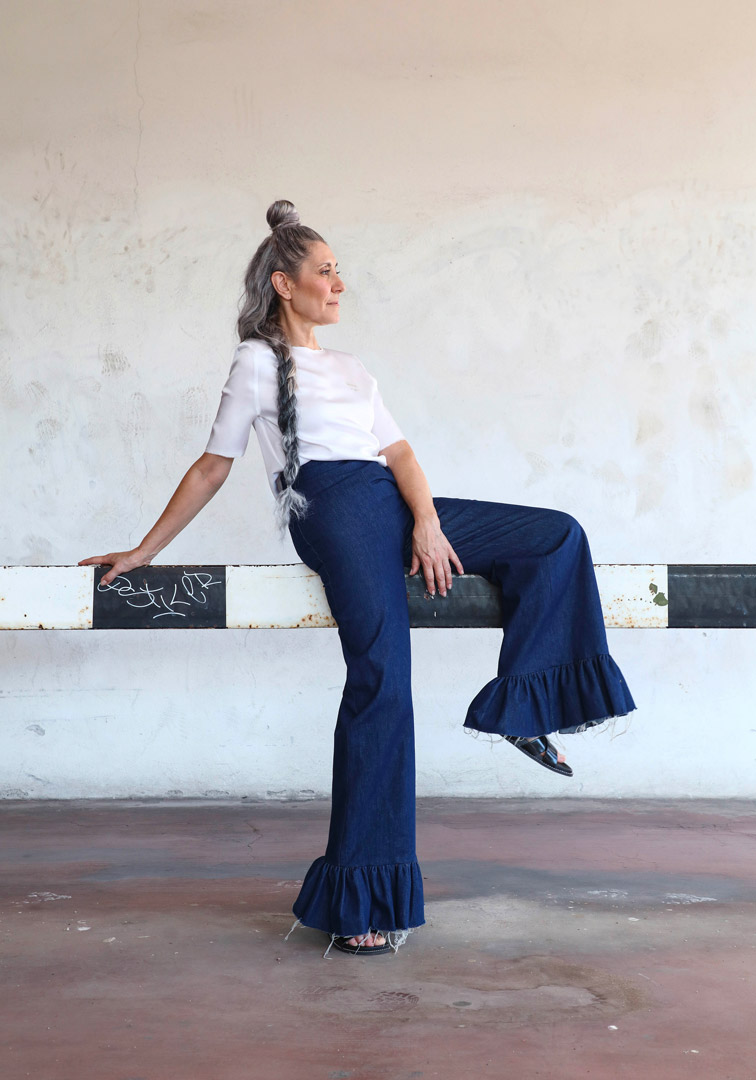 Valeria Sechi, Italian grey hair model, wearing Luve Atelier clothing