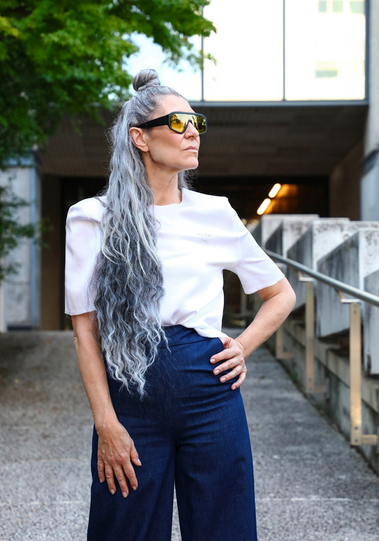 Valeria Sechi, Italian grey hair model, wearing Luve Atelier clothing