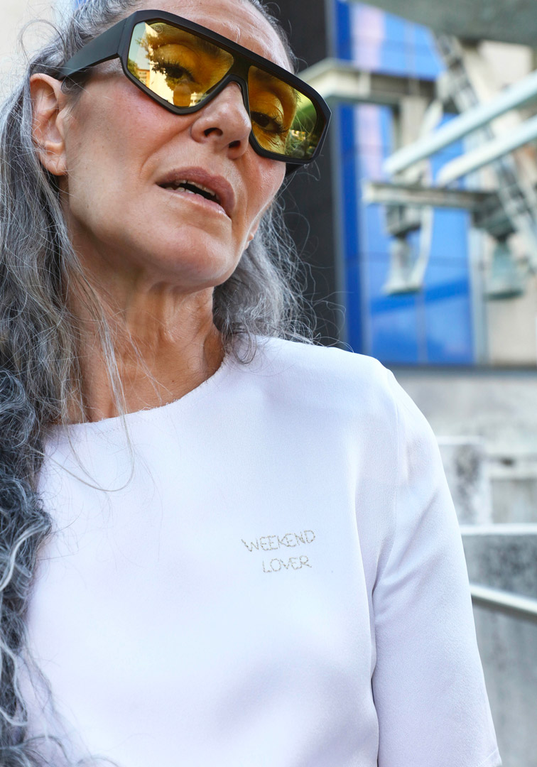 Valeria Sechi, Italian grey hair model, wearing Luve Atelier clothing