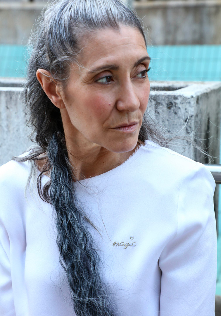 Valeria Sechi, Italian grey hair model, wearing Luve Atelier clothing