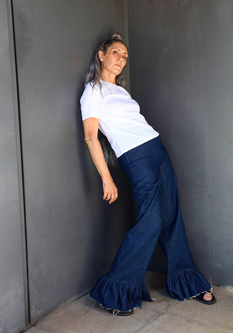Valeria Sechi, Italian grey hair model, wearing Luve Atelier clothing