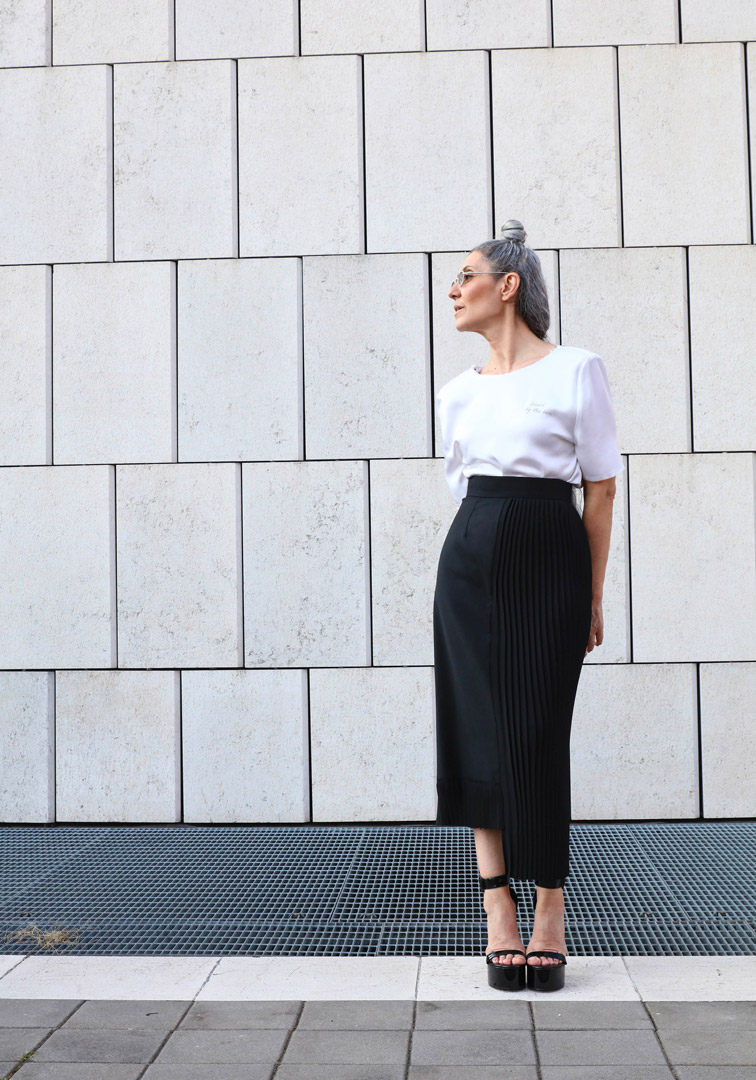 Valeria Sechi, Italian grey hair model, wearing Luve Atelier clothing