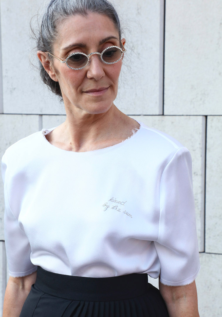 Valeria Sechi, Italian grey hair model, wearing Luve Atelier clothing