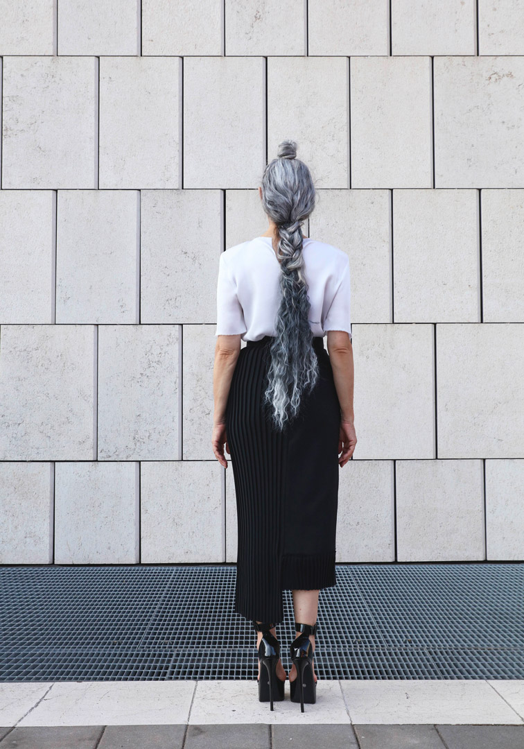 Valeria Sechi, Italian grey hair model, wearing Luve Atelier clothing