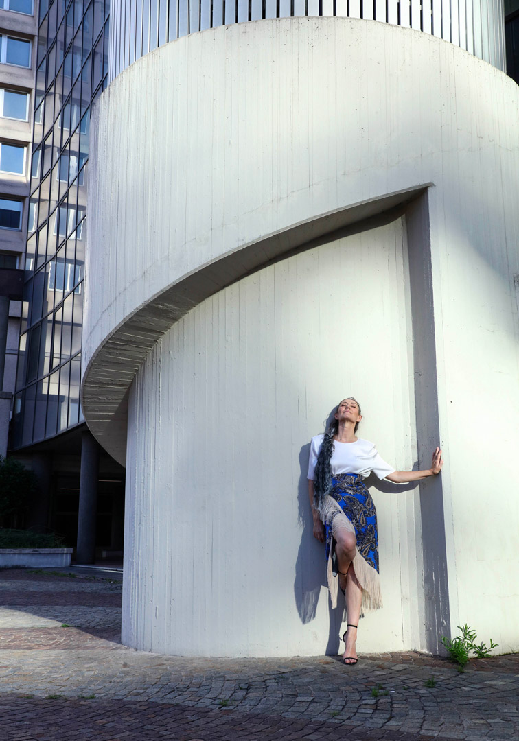 Valeria Sechi, Italian grey hair model, wearing Luve Atelier clothing