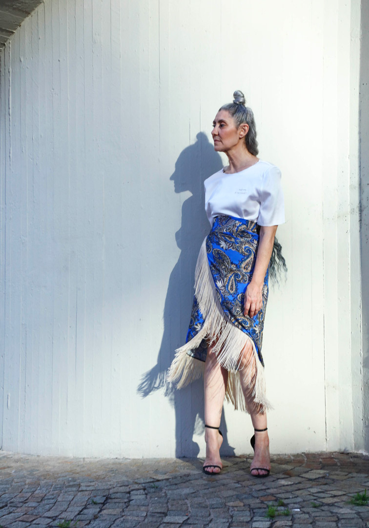 Valeria Sechi, Italian grey hair model, wearing Luve Atelier clothing