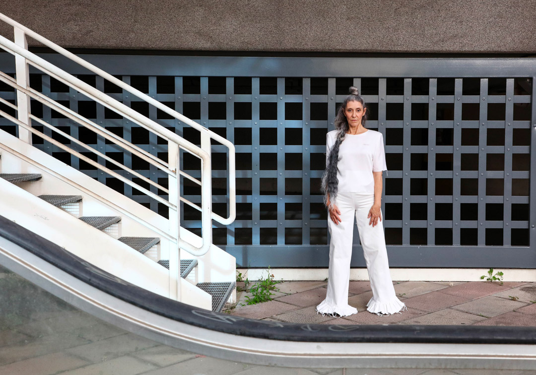 Valeria Sechi, Italian grey hair model, wearing Luve Atelier clothing