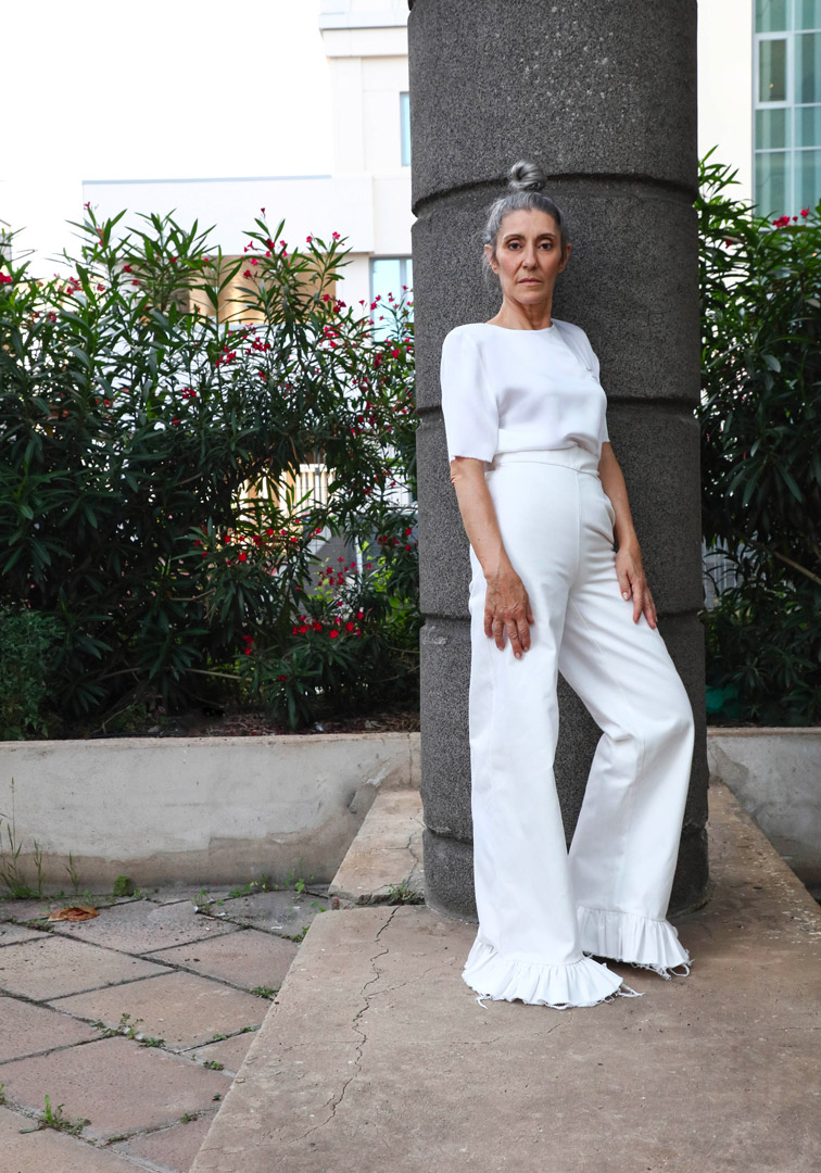 Valeria Sechi, Italian grey hair model, wearing Luve Atelier clothing