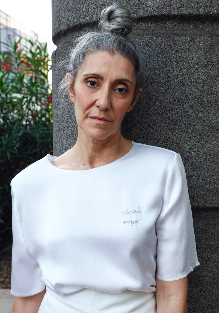 Valeria Sechi, Italian grey hair model, wearing Luve Atelier clothing