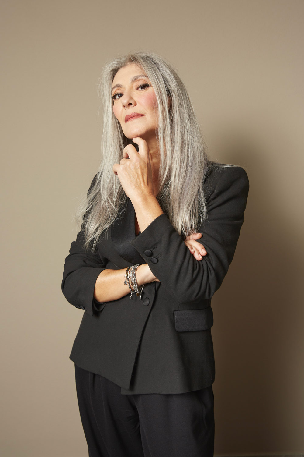 Photographic portrait of Italian grey hair model and pro-age endorser Valeria Sechi