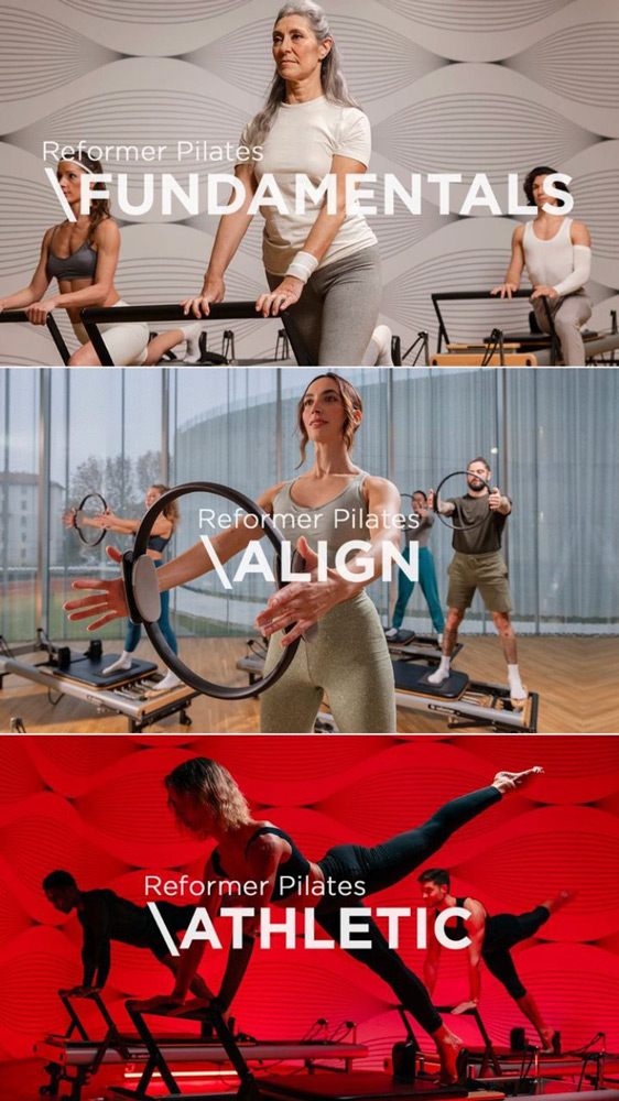 Grey hair moodel Valeria Sechi in Reformer Pilates campaign for Virgin Active.