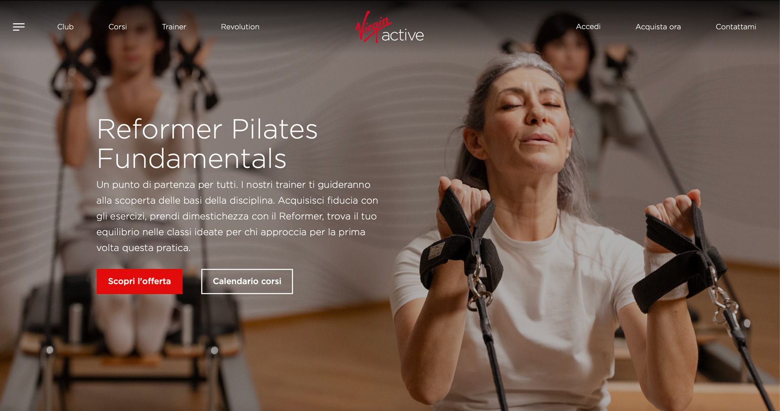 Grey hair moodel Valeria Sechi in Reformer Pilates campaign for Virgin Active.