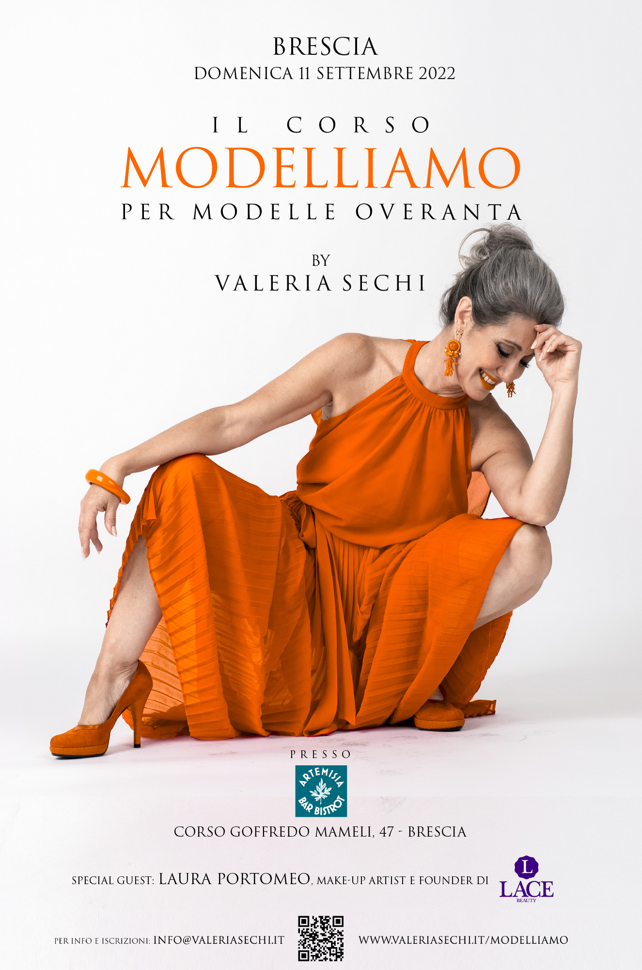 Locandina della terza edizione di Modelliamo, che si terrà a Brescia l'11 settembre 2022. In copertina, Valeria Sechi che indossa un abito da sera arancione