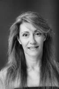 A black and white portrait of grey hair model Valeria Sechi