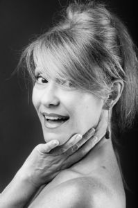 A black and white portrait of grey hair model Valeria Sechi