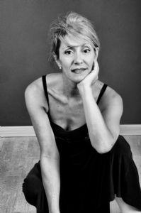 A black and white portrait of grey hair model Valeria Sechi