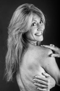 A black and white portrait of grey hair model Valeria Sechi