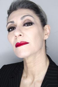 A face closeup of grey hair model Valeria Sechi 