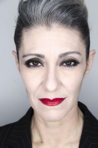 A face closeup of grey hair model Valeria Sechi 