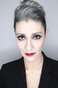 A face closeup of grey hair model Valeria Sechi 