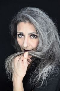 A face closeup of grey hair model Valeria Sechi 