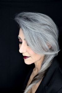 A face closeup of grey hair model Valeria Sechi 