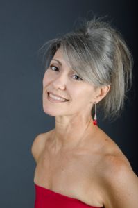 A portrait of grey hair model Valeria Sechi