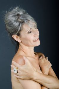 A portrait of grey hair model Valeria Sechi