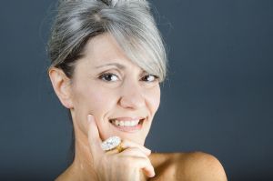 A portrait of grey hair model Valeria Sechi