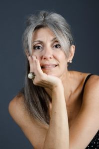 A portrait of grey hair model Valeria Sechi