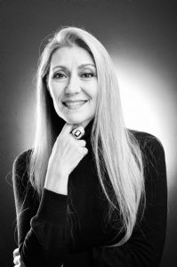 Black and white portrait of Italian grey hair model Valeria Sechi