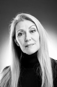 Black and white portrait of Italian grey hair model Valeria Sechi