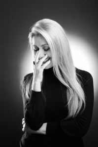 Black and white portrait of Italian grey hair model Valeria Sechi