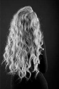 Black n white portrait of grey hair model Valeria Sechi