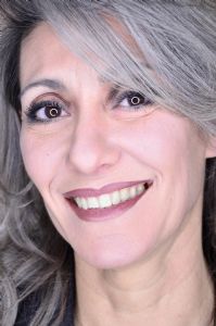 Grey hair model Valeria Sechi face close-up