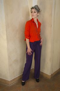 Grey hair model Valeria Sechi wearing fashion clothes