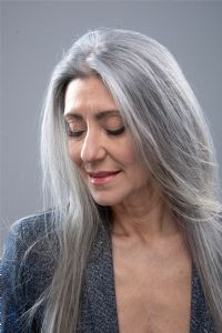 Portrait of Italian model Valeria Sechi with her grey hair