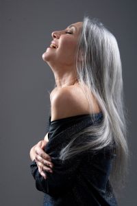 Portrait of Italian model Valeria Sechi with her grey hair